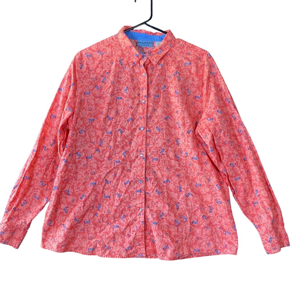Wrangler Blues Mens Shirt Salmon Cowboy Boots Print Collared Pearl Snap XXL